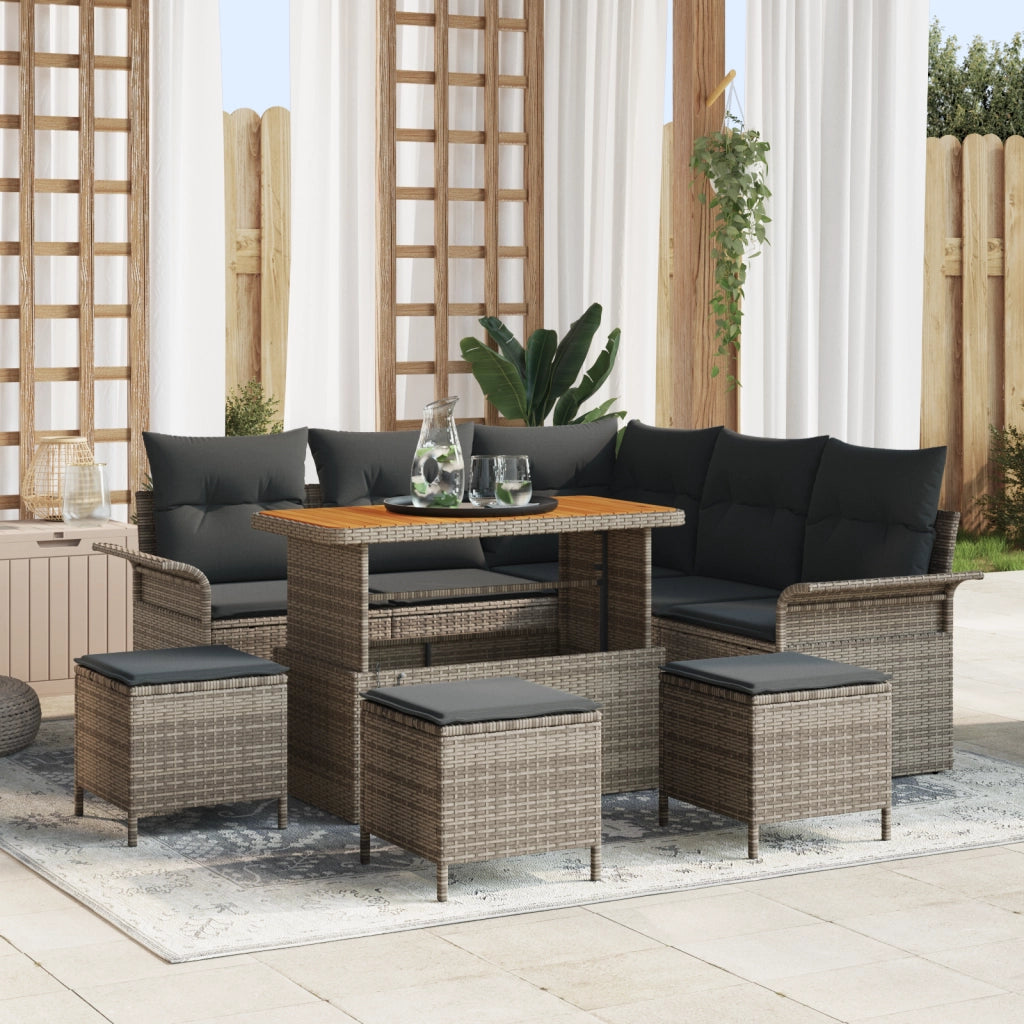 Set di divani da giardino  9 pezzi con cuscini grigio in polyrattan e acacia