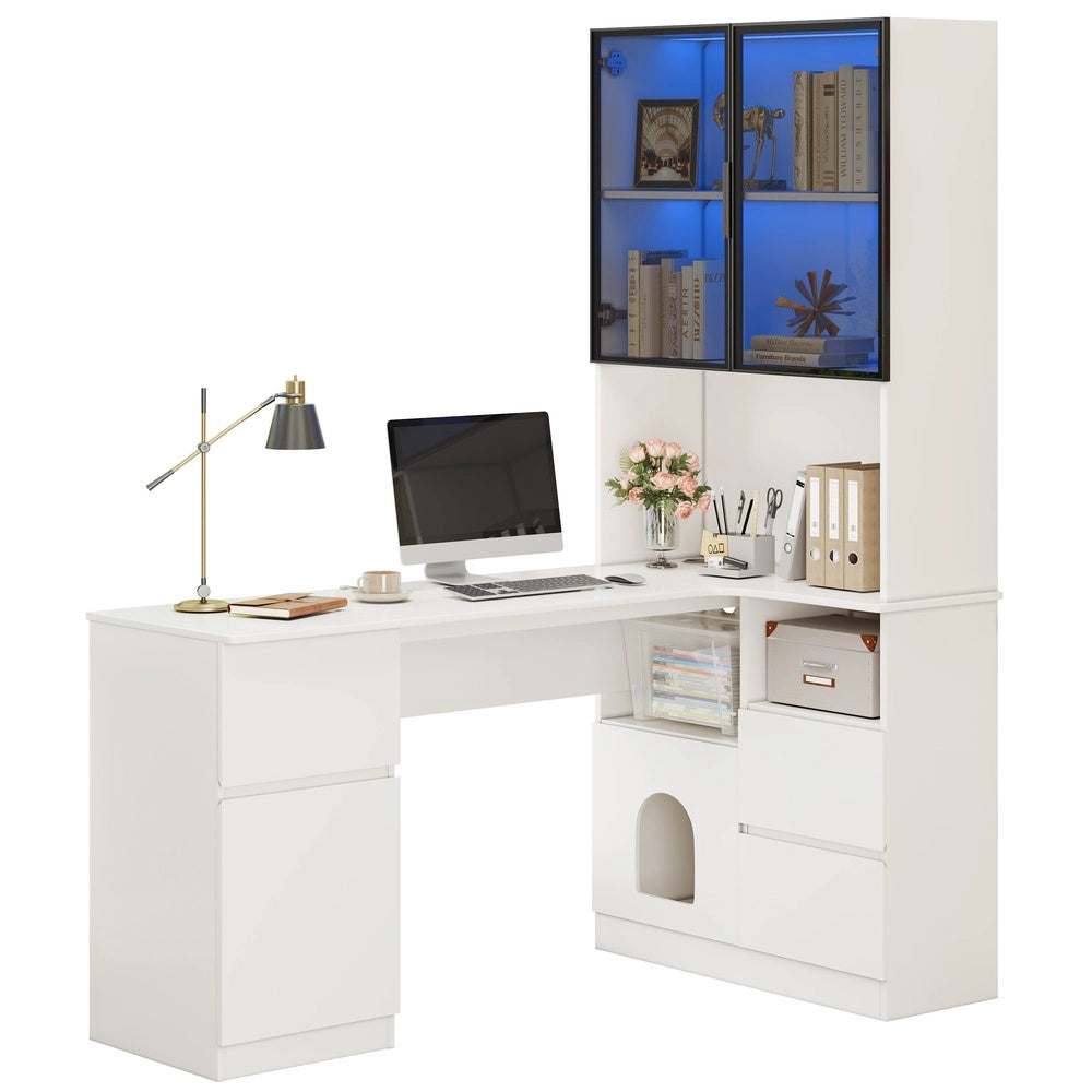 Scrivania Angolare con Libreria, Vetrina LED e Cassetti ¨C Xylo ¨C 120x80x180 cm