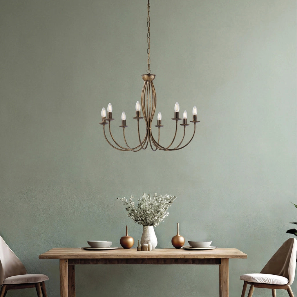 Lampadario Rustico Botte 8 Luci In Ferro Battuto Marrone E Oro