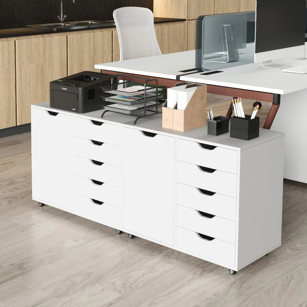 Mobiletto con 5 cassetti e anta per ufficio a casa, Carrello con ripiano regolabile e 5 rotelle Bianco