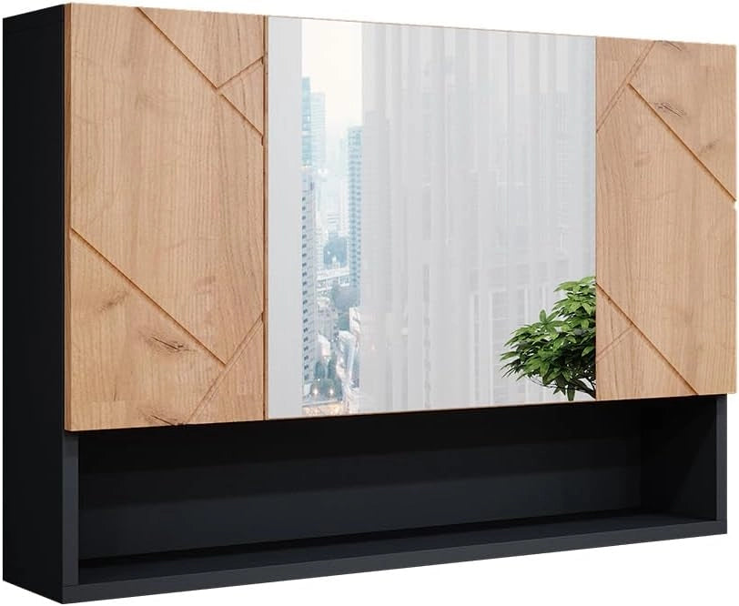 Specchio contenitore bagno Irma, Quercia dorata/antracite, 80.1 x 55 cm, con specchio e ripiani aperti per montaggio a parete