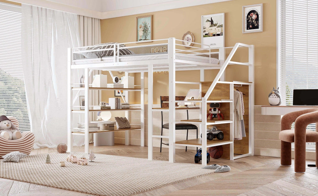 Letto alto bianco in metallo con scrivania armadio e scaffali a tre livelli 140x200 cm