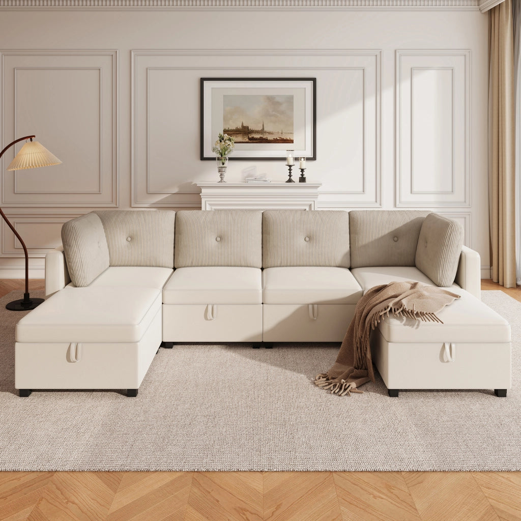 Divano modulare a U 6 moduli con contenitore e cuscini; in velluto e corduroy beige