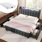 Letto matrimoniale 140x200 cm con 4 cassetti; testiera con prese e USB; LED; grigio