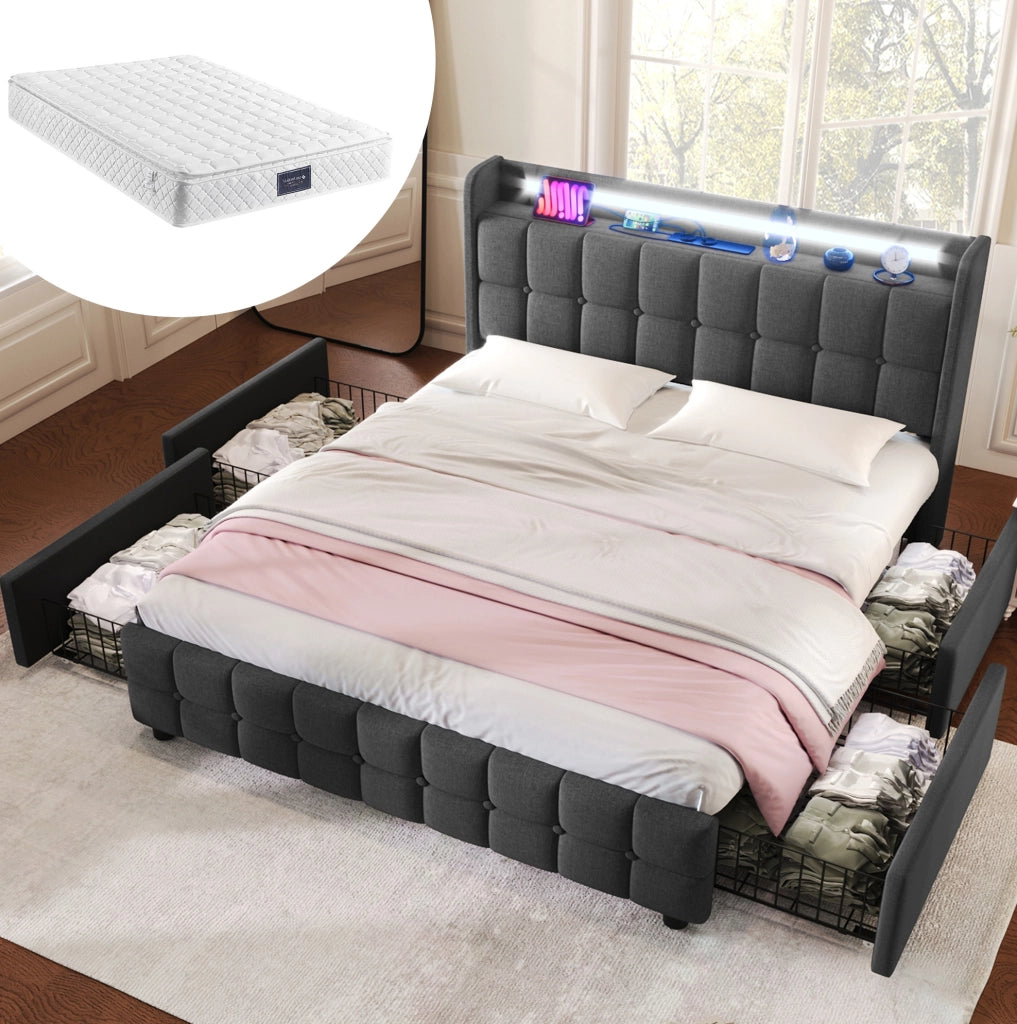 Letto matrimoniale 140x200 cm con 4 cassetti; testiera con prese e USB; LED; grigio
