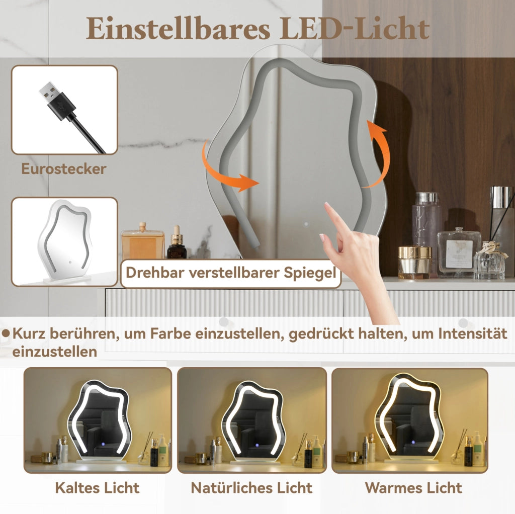 Tavolo da trucco con specchio LED dimmerabile; 100x40x76 cm; bianco