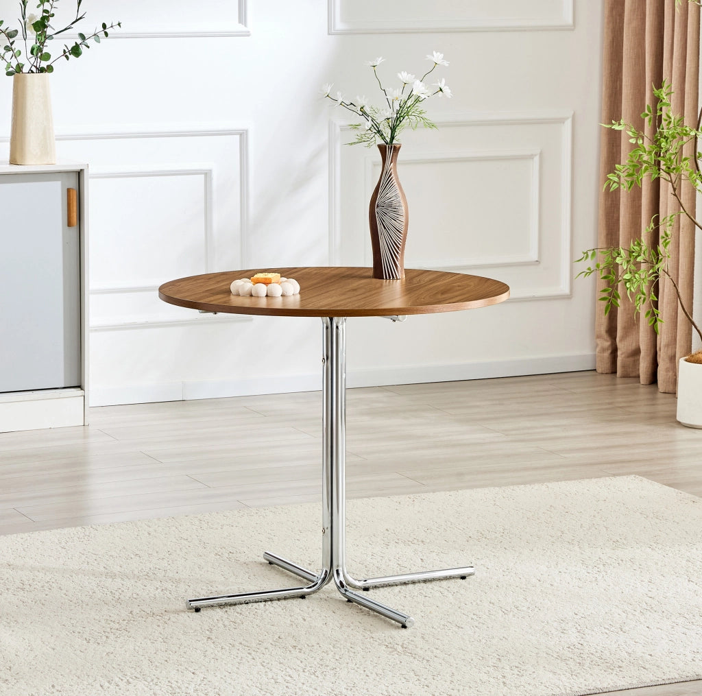Tavolino rotondo moderno con piano in MDF noce e struttura cromata a 3 gambe