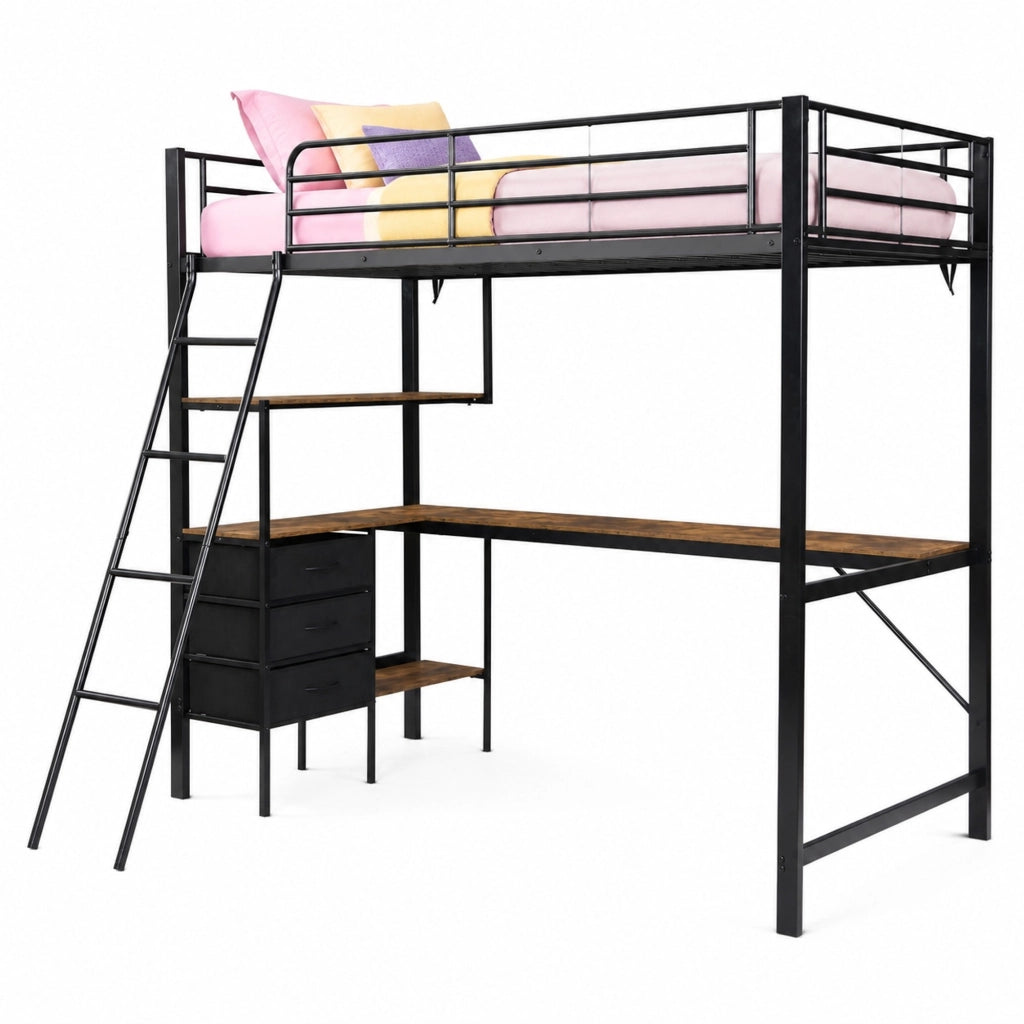 Letto a soppalco in metallo 90x200 cm con scrivania da 2 m, 3 cassetti e scala
