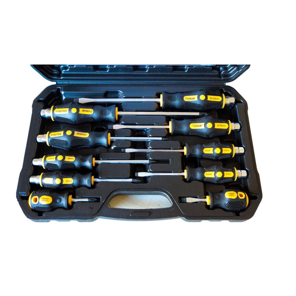 Trade Shop - Set 10 Cacciaviti Cacciavite Croce E Taglio Impatto Punte Magnetiche Cr-v -