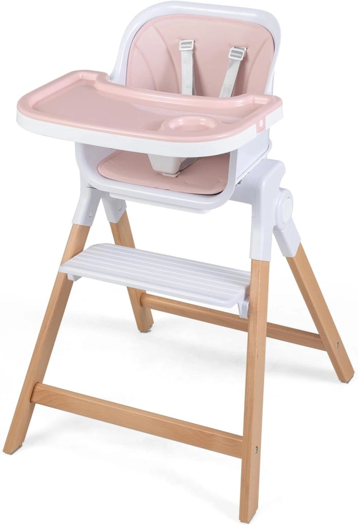 Seggiolone Pappa Pieghevole 4 in 1 con Cuscino di Seduta (Rosa) | Seggiolone per Neonati 6-36 Mesi con Vassoi Rimovibili, Portabicchieri, Cintura di Sicurezza e Gambe in Legno