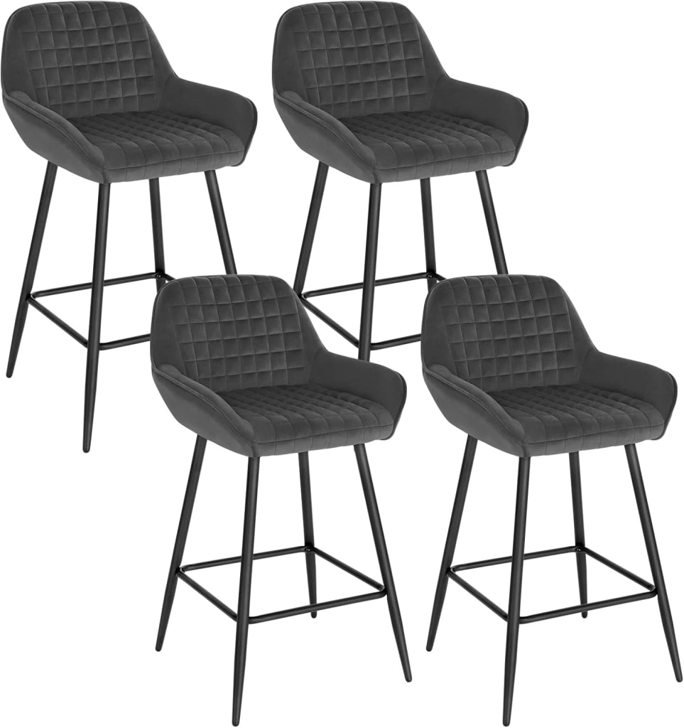 Set di 4 Sgabelli da Bar, Sedie da Cucina, con Schienale & Braccioli, Struttura in Acciaio, Seduta Ampia in Velluto Altezza di 64 cm, Colore Nero BH372sz-4