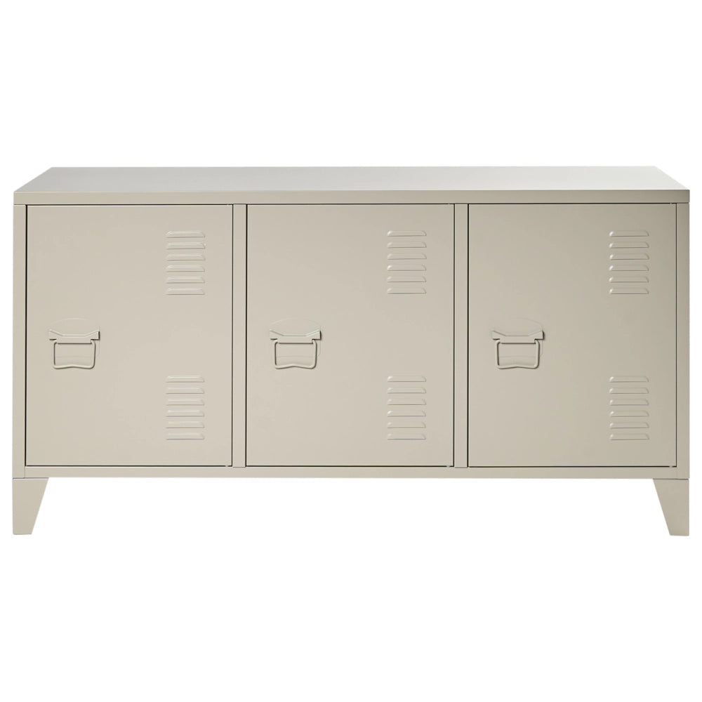 Credenza in metallo beige 120 x 40 cm 3 ante ripiani gambe fessure di ventilazione gestione dei cavi mobile TV industriale home office