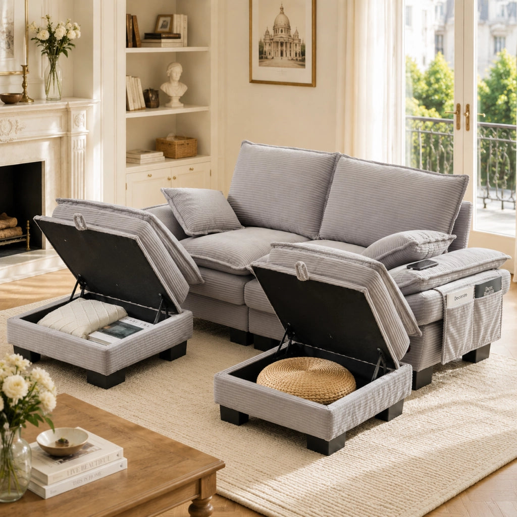 Divano modulare 2 posti con 2 pouf; USB-C e tasche laterali; in corduroy grigio chiaro