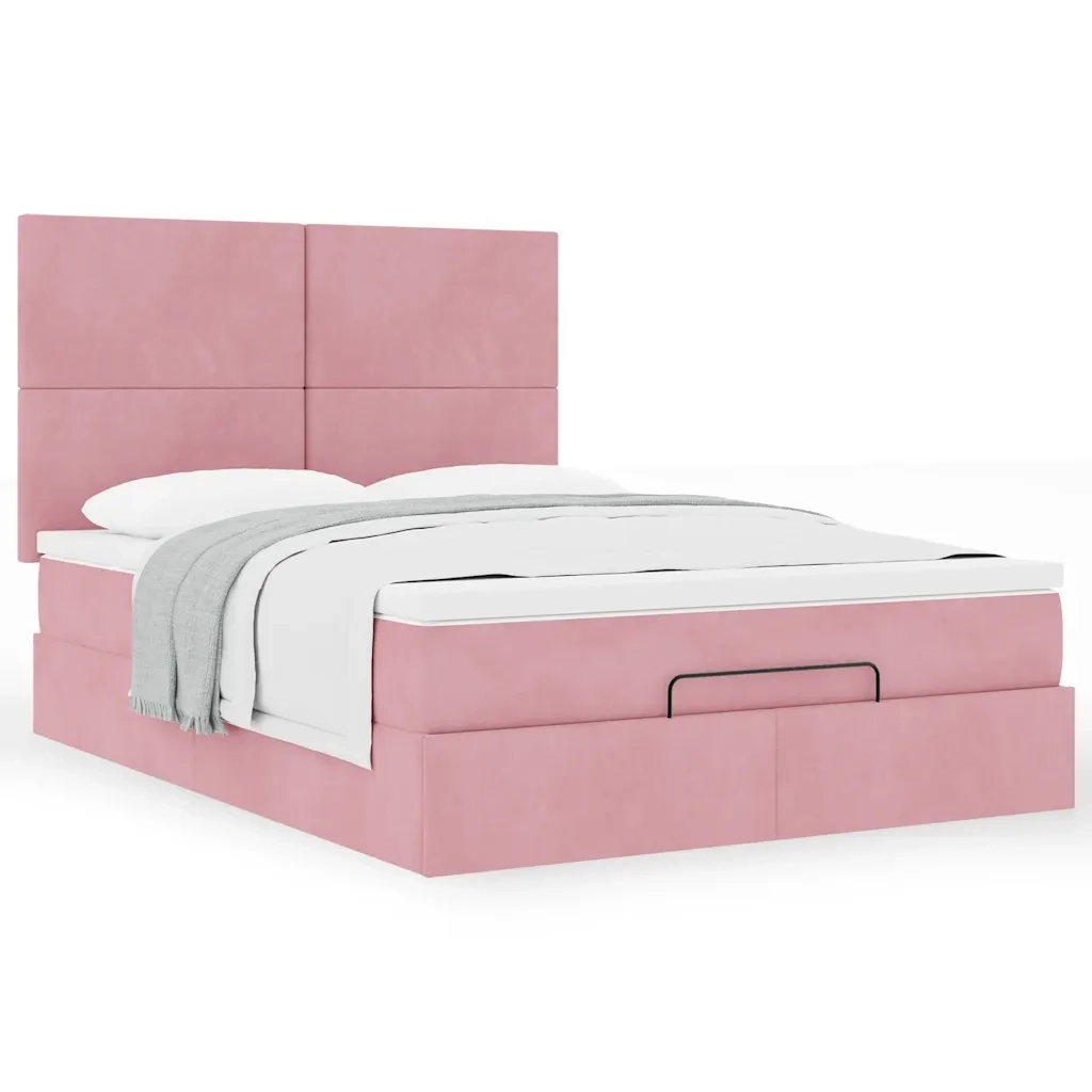 Struttura Letto Pouf con Materassi Rosa 140x200 cm in Velluto 3313408