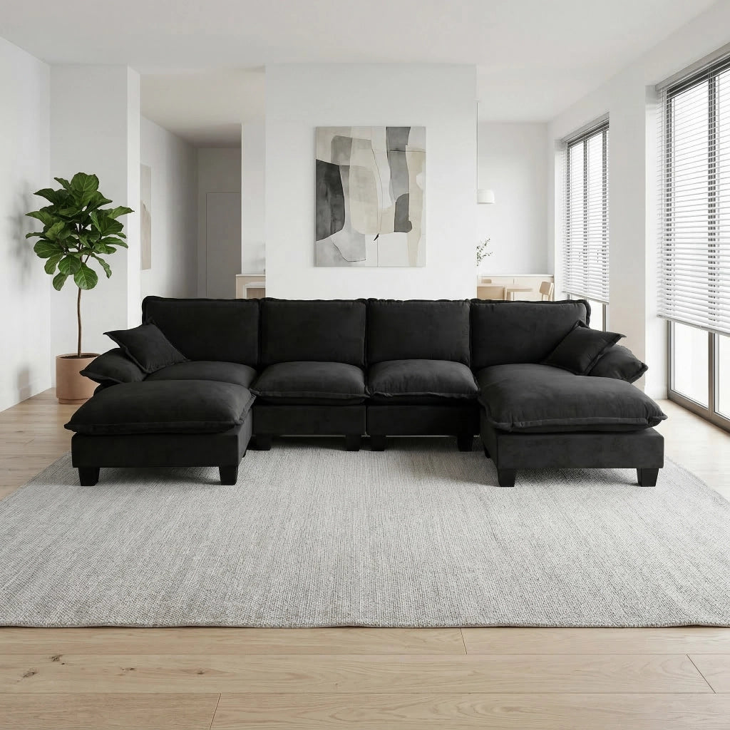 Divano Angolare Modulare 6 Posti in Tessuto Chenille con Ottomana ¨C Xylo ¨C Nero