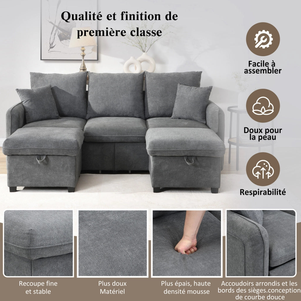 Divano angolare modulare 3 posti con 2 pouf contenitore 188x186x86 cm in chenille grigio scuro