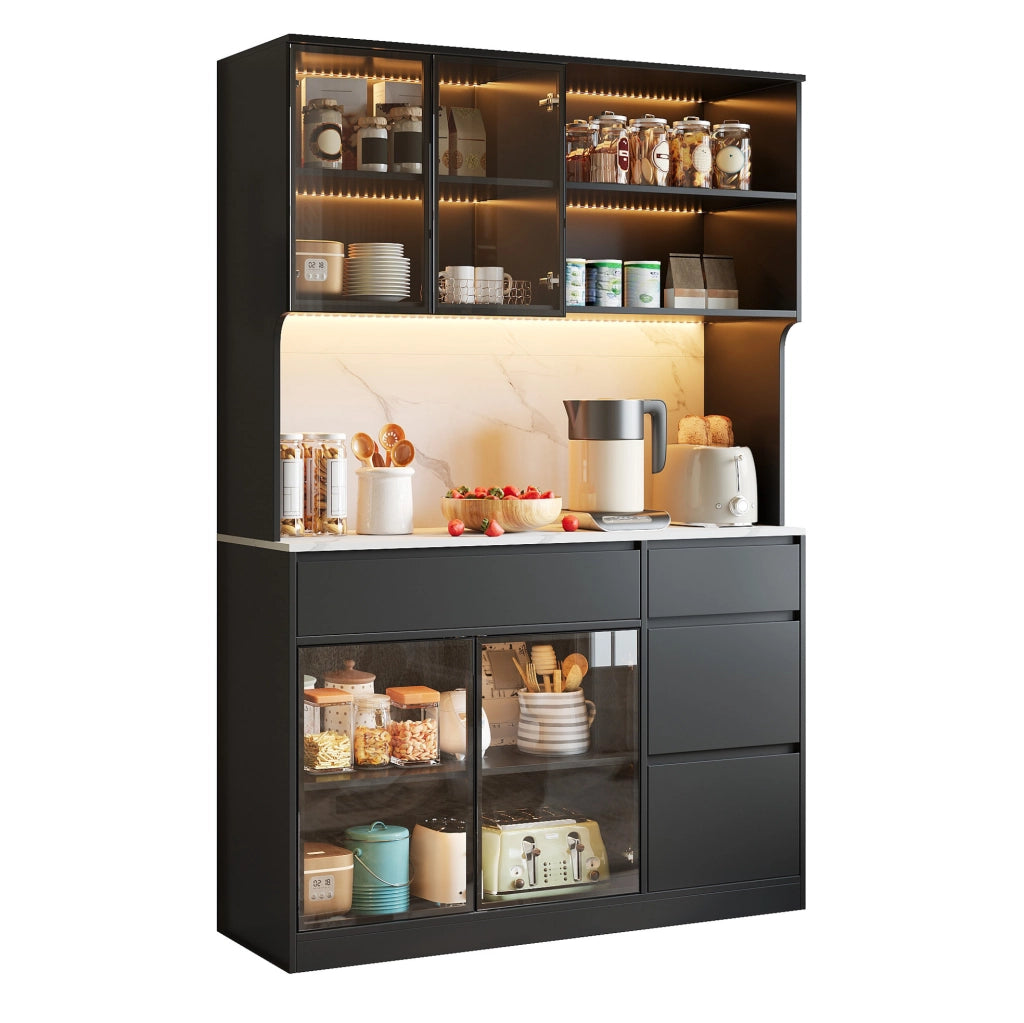 Credenza 120x40x180 cm in MDF nero e bianco con LED e ampio spazio