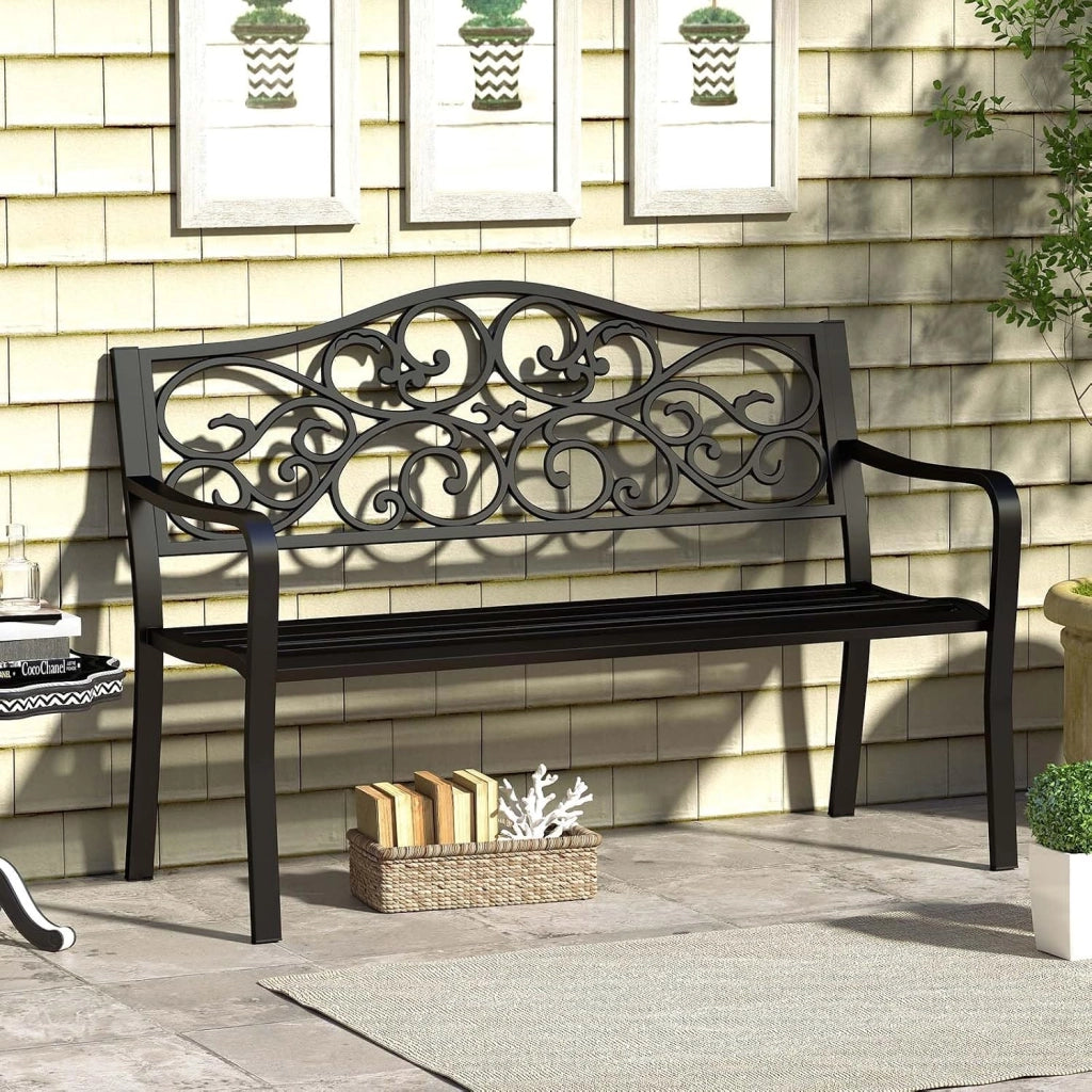 Panca da giardino a 2 posti, panca da parco in metallo, sedia da parco con schienale reclinabile, carico di 300 kg, per balcone, terrazza, nero, 128 x 62 x 89 cm, motivo: ali di vite