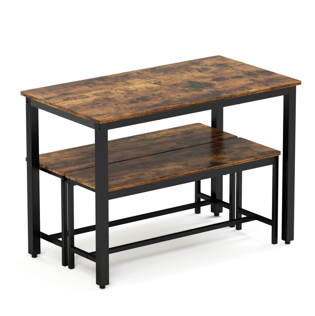 Set tavolo da pranzo 110x60 cm con 2 panche, marrone rustico e nero, salvaspazio