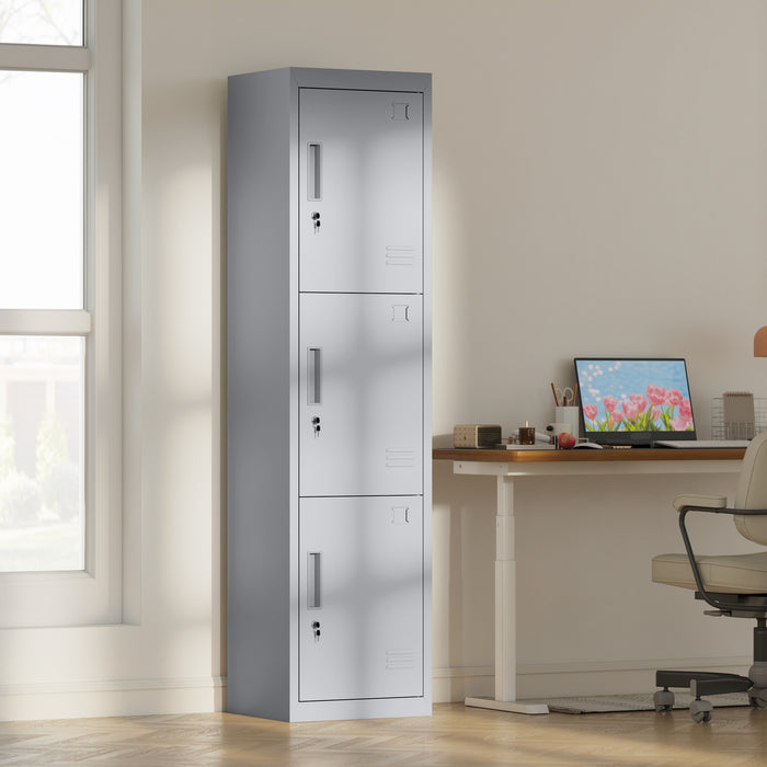 Armadio per Ufficio 45x38x180 cm a 3 Porte Indipendenti con Serratura e 2 Chiavi in Acciaio Grigio Chiaro