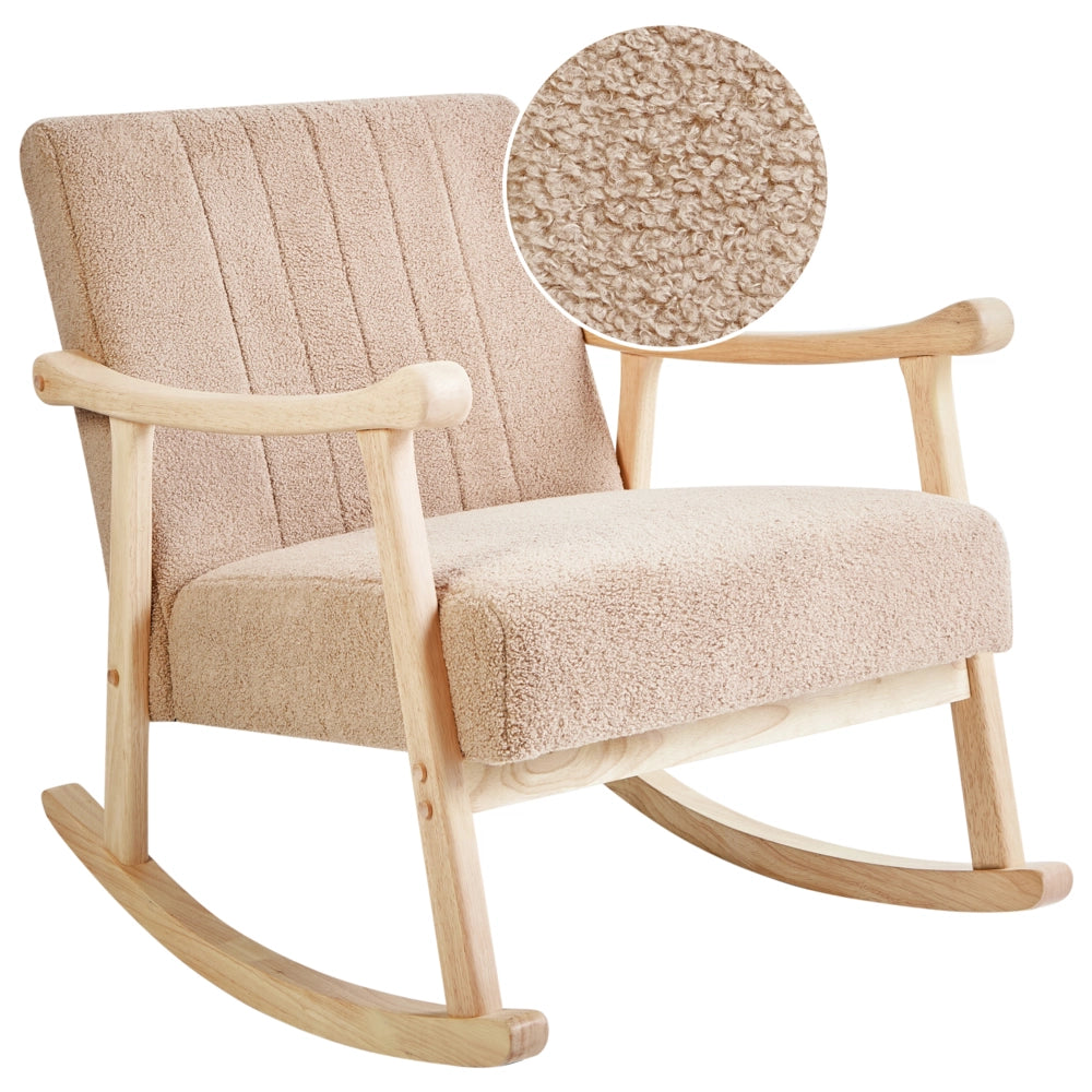 Poltrona a dondolo con rivestimento in bouclé beige gambe in legno di gomma e braccioli Soggiorno Cameretta