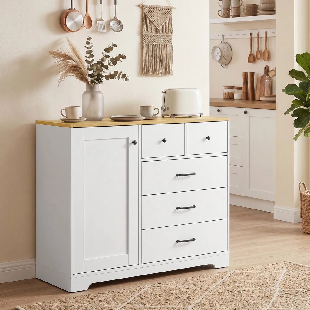 Credenza con 5 Cassetti e Anta Stile Rustico ¨C Xylo ¨C Bianco 100x40x94 cm
