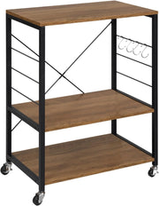 Scaffale da Cucina con Ruote, Carrello Cucina a 3 Livelli, Scaffale per Microonde con 4 Ganci, Carrello da Bar con Struttura in Metallo, Marrone Rustico+Nero, 60x40x82,5 cm