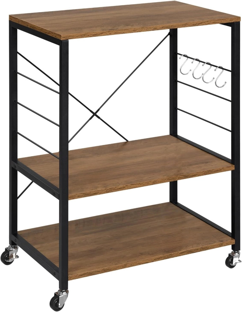 Scaffale da Cucina con Ruote, Carrello Cucina a 3 Livelli, Scaffale per Microonde con 4 Ganci, Carrello da Bar con Struttura in Metallo, Marrone Rustico+Nero, 60x40x82,5 cm