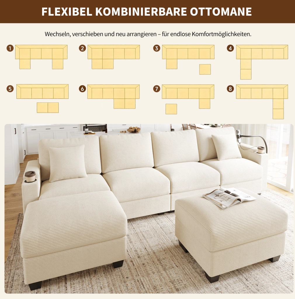 Divano modulare beige in velluto a coste con USB e portaoggetti