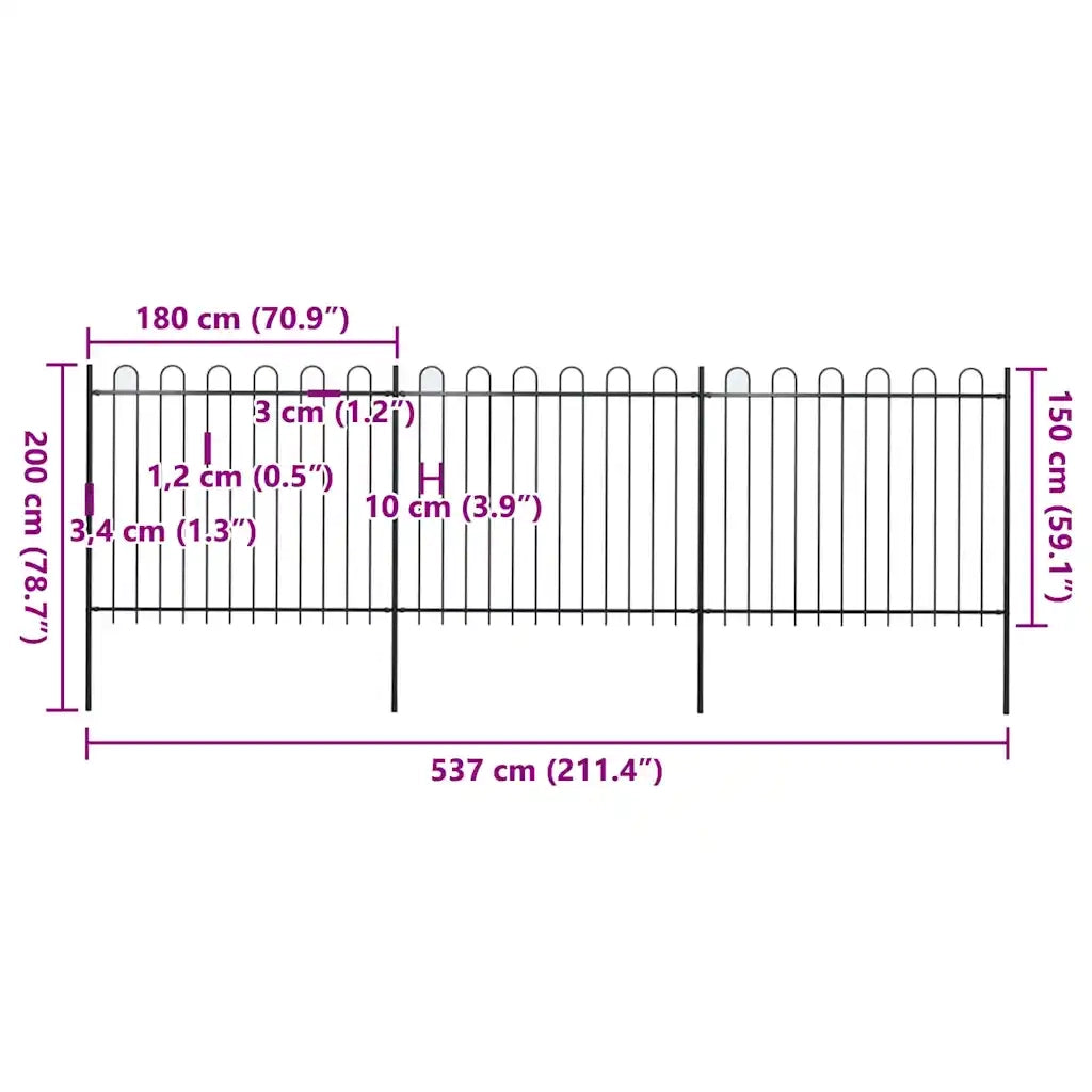 Recinzione da Giardino con Parte Superiore ad Anello in Acciaio 537x150 cm Nera 277676