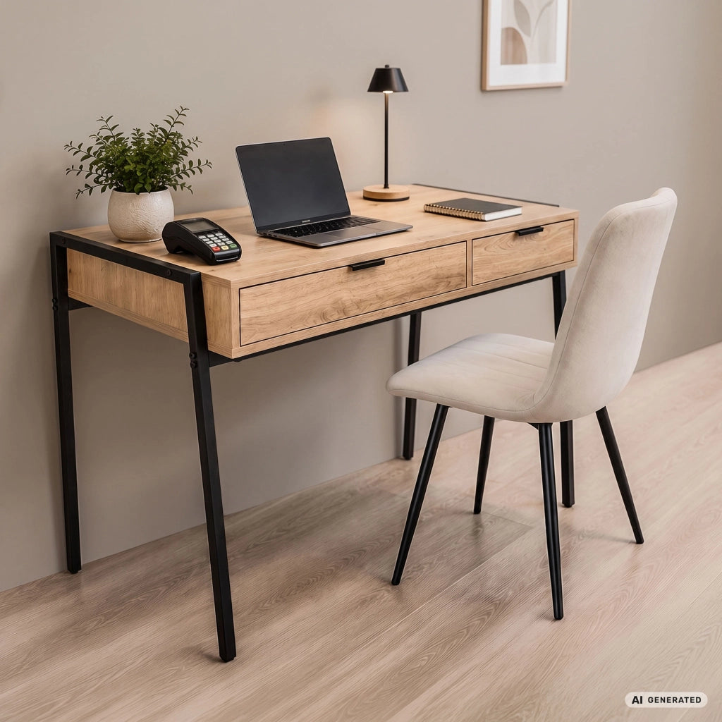 Scrivania industriale per computer Rovere Artisan ZENTIA 100 cm 2 cassetti gambe nere