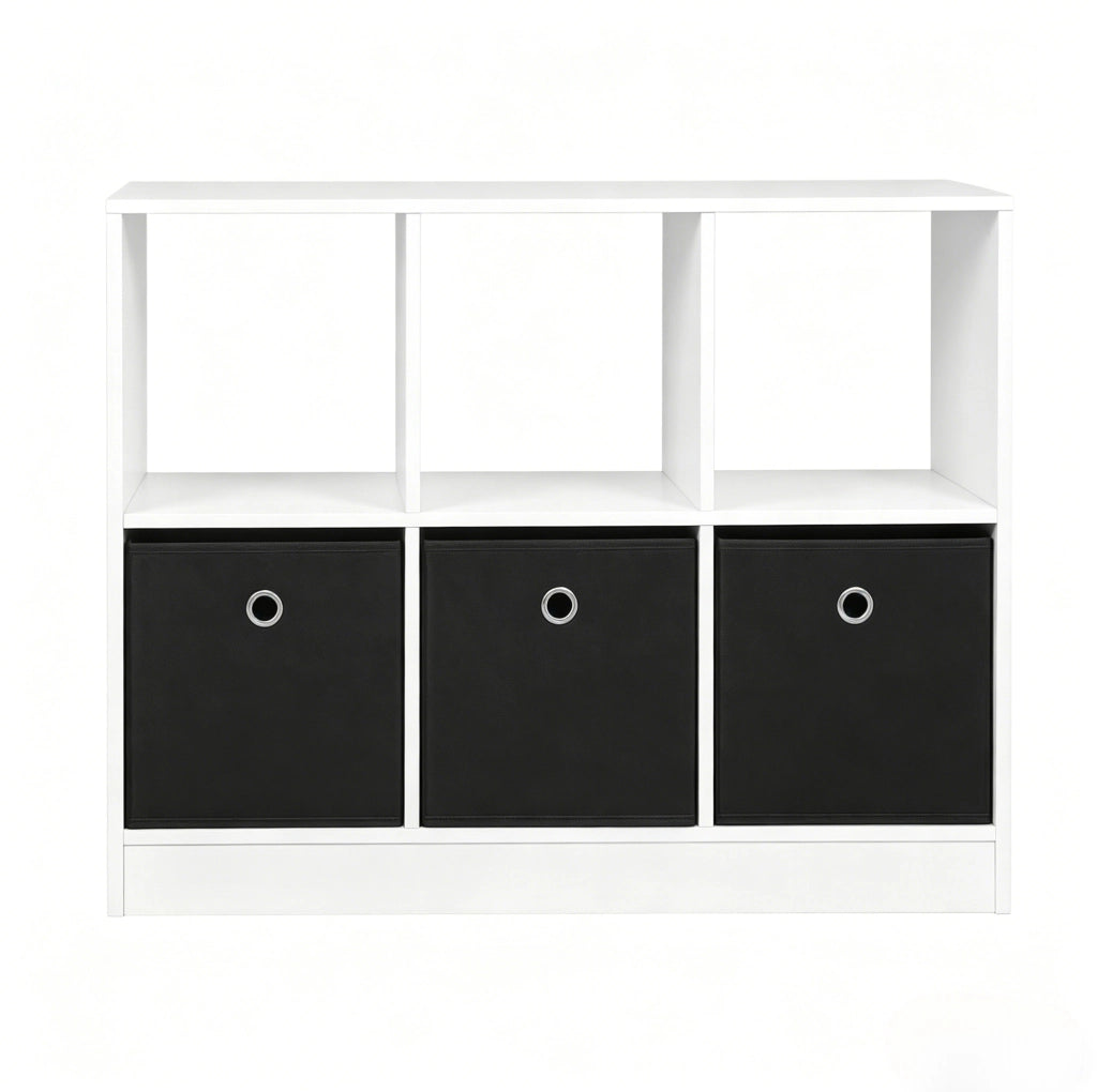 Libreria a cubi con 3 cassetti in tessuto, bianco e nero