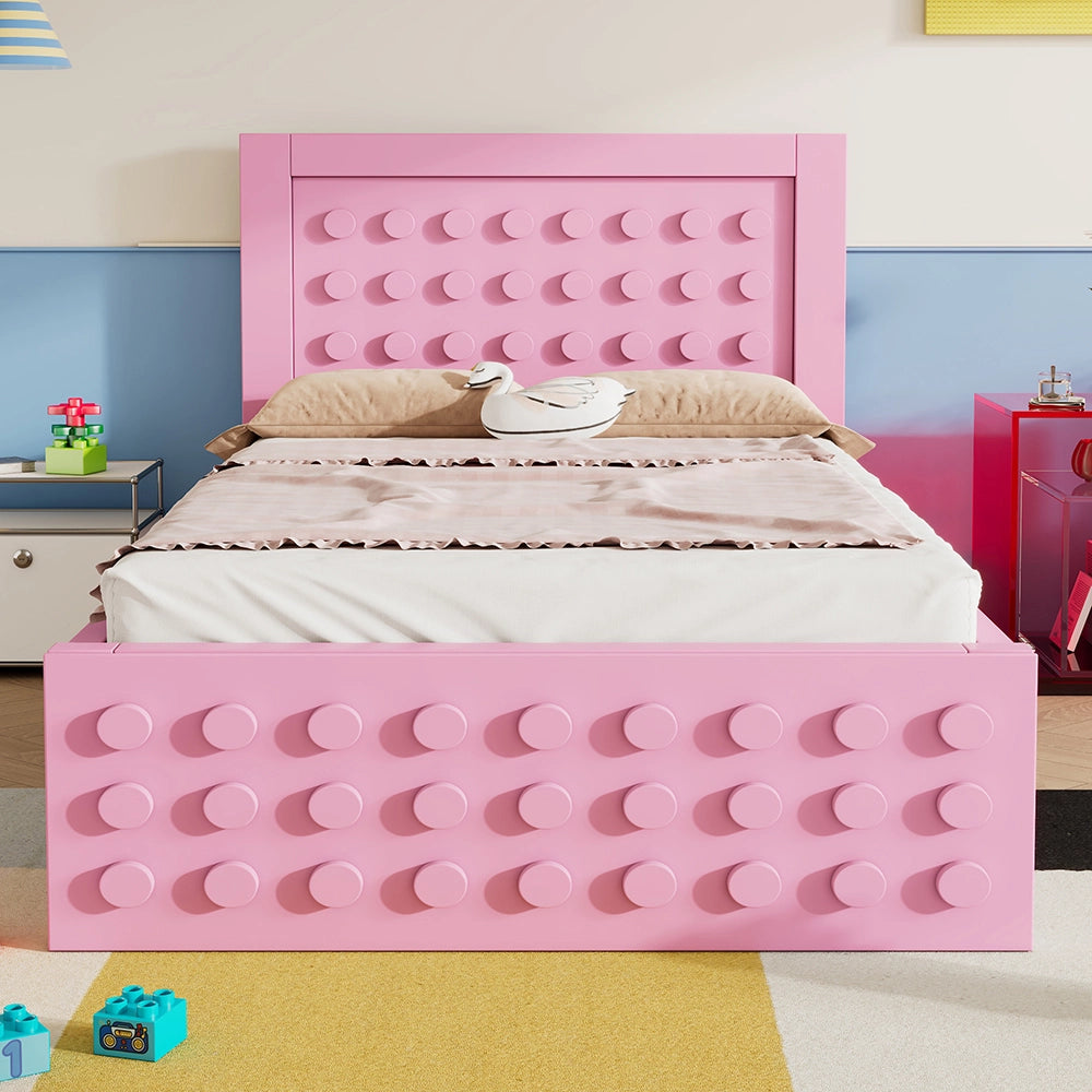 Letto bambino-Xylo-90x200 cm-design a blocchi, cassetti, contenitore, rosa, senza materasso