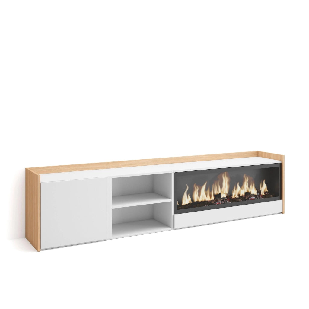 Mobile TV Soggiorno, 212x50x35 cm, Per TV fino a 80", Camino elettrico XXL, Bianco e Rovere soft