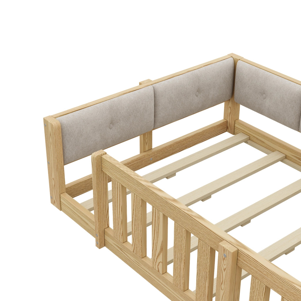 Letto per bambini 90x200 cm con sponde; testiera con spazio contenitore e luci LED; naturale