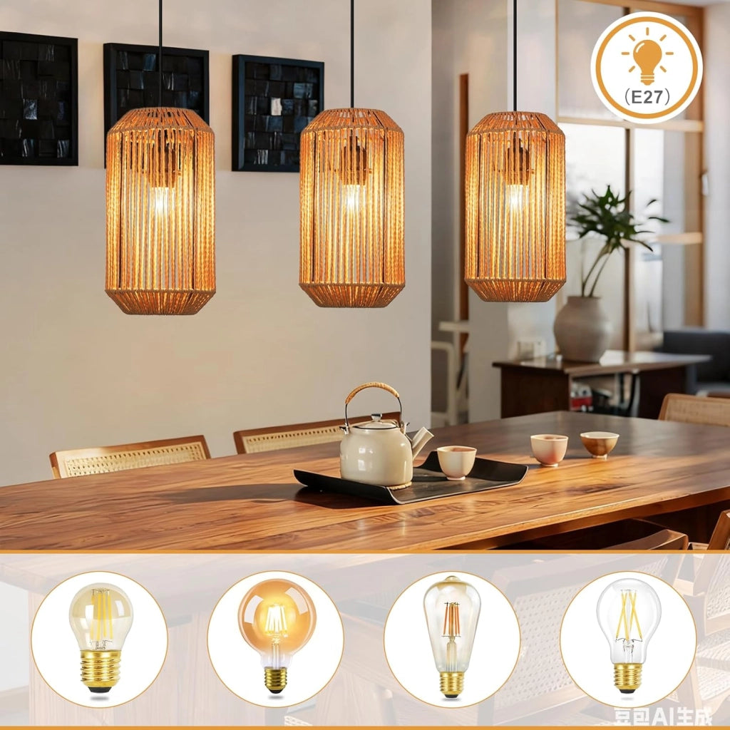 Lampada a sospensione ZMH nera a 3 luci in stile rattan vintage E27 (lampadina non inclusa)