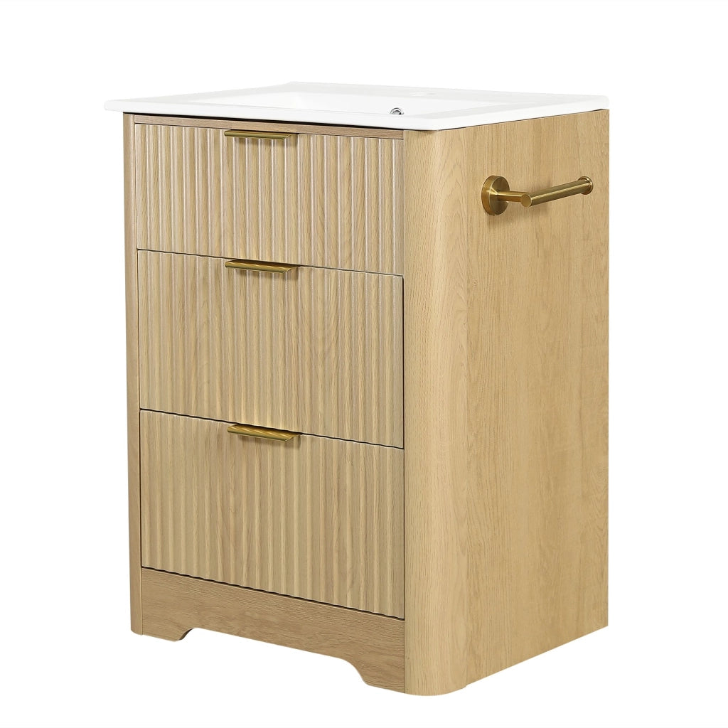 Mobile da bagno con lavabo in ceramica, cassetti portaoggetti, portarotolo, maniglie in metallo, senza rubinetto, color legno naturale