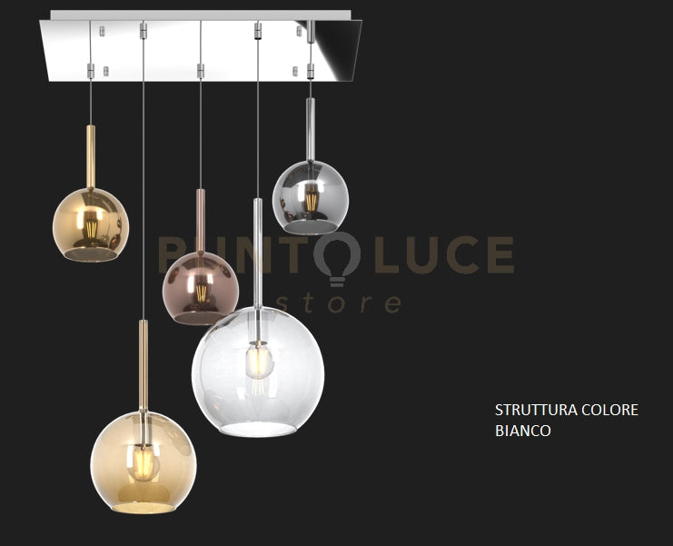 SOSP. BIANCO RETTANGOLARE 5 LUCI VETRI (1 GRANDE TR+1 MEDIO AM +3 PICCOLO(1X RA+1X CR+1 X OR) 1155BI-S5 RMIX-MC