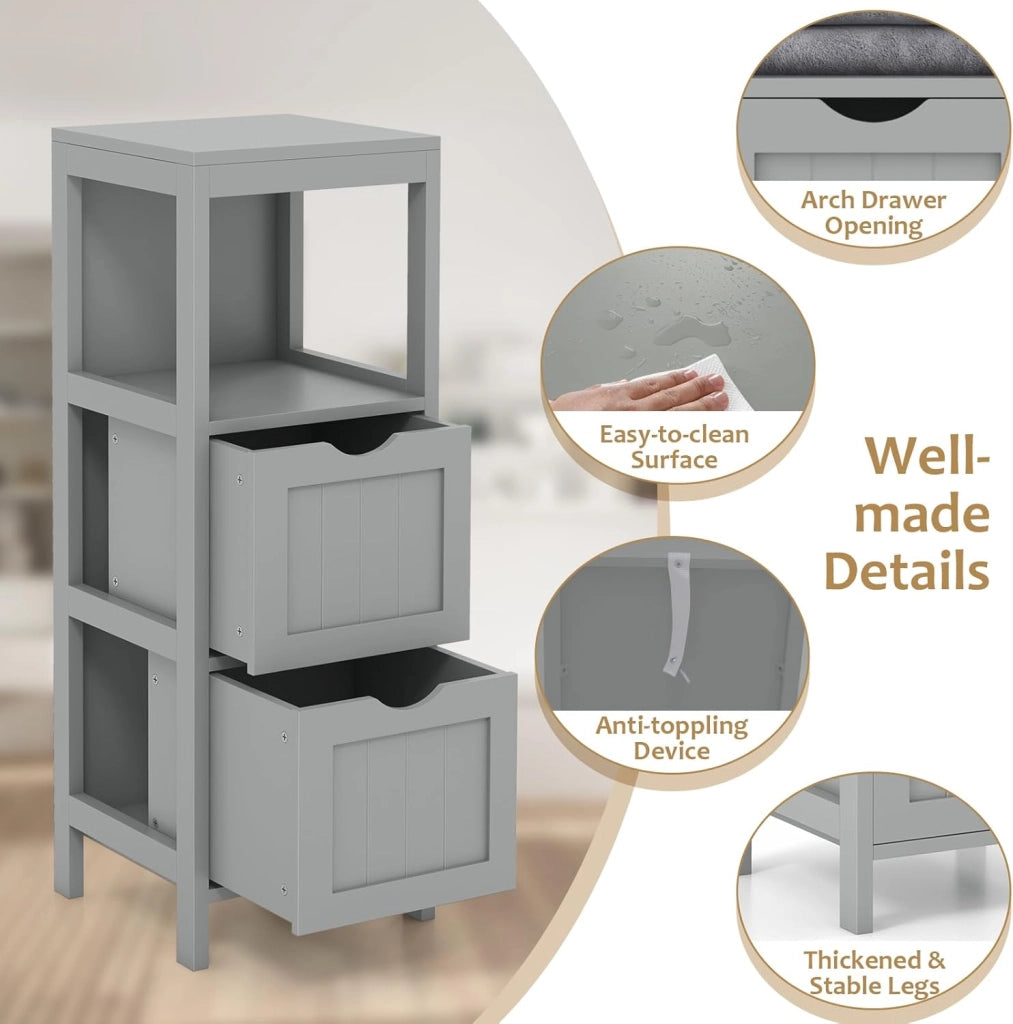 Mobile Bagno Stoccaggio a 3 Livelli, Colonna Bagno Cassettiera Armadio con Mensola Aperta e 2 Cassetti, Armadio su Piede per Soggiorno, Cucina, WC, 30 x 30 x 90 cm (Grigio)
