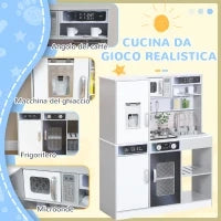 Set Cucina Giocattolo in Legno con Fornello, Luci e Suoni, Lavello con Circolo d'Acqua e Accessori, Bianco