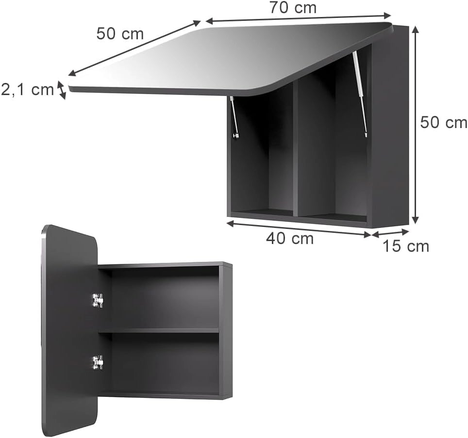 Specchio contenitore bagno Zino, Antracite, 70 x 50 cm con ripiani, Ordine ed eleganza per ogni bagno