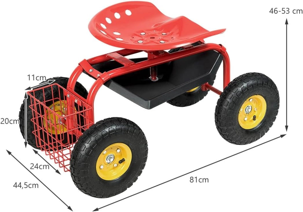 Sgabello da Giardino, Sgabello per Giardinaggio con Ruote, Sedile Regolabile in Altezza e Girevole a 360°, Cestello e Vassoio, Carrello per Prato e Giardino, Portata 150 kg(Rosso)