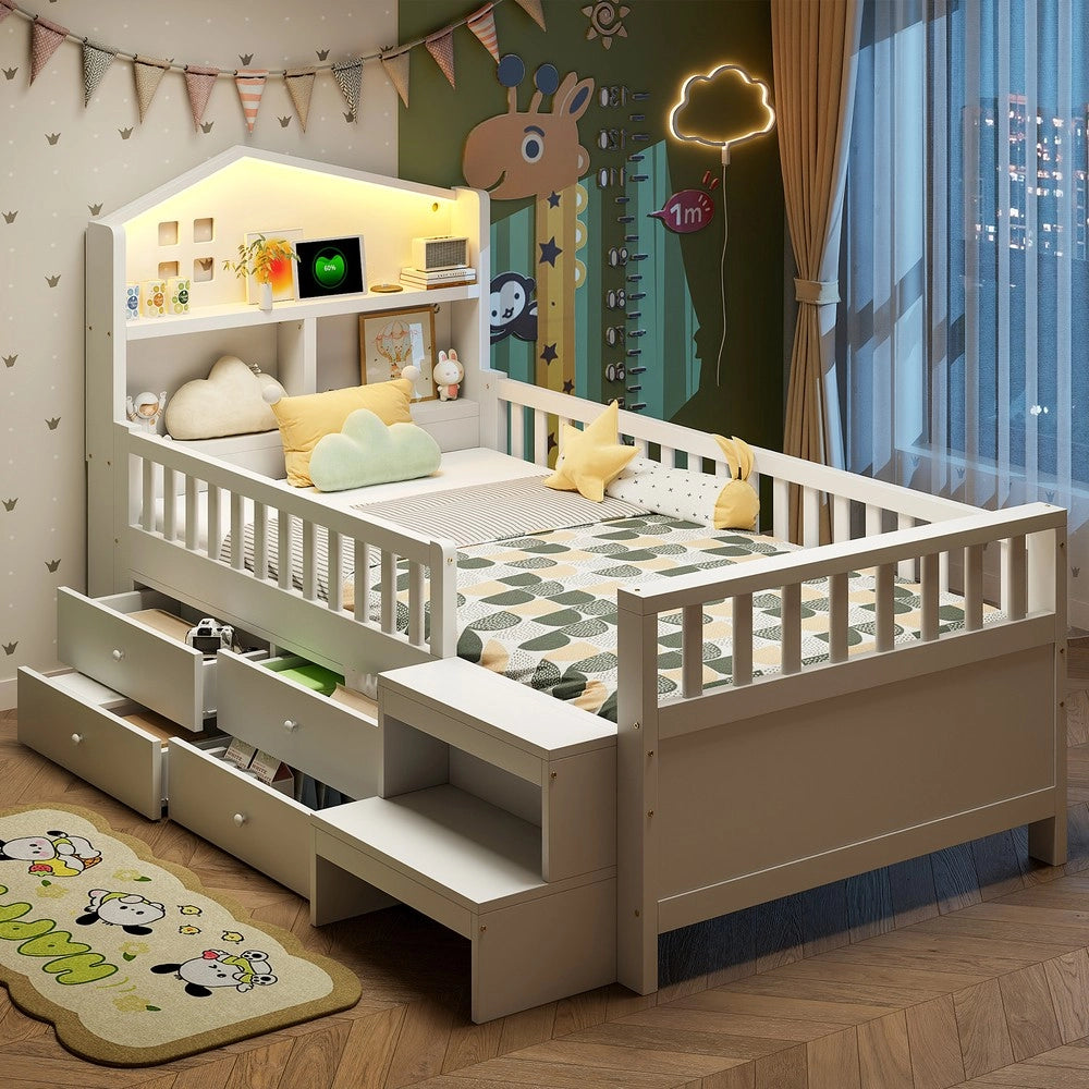Letto Singolo Bambini 90x200 con Cassetti, LED e Rete a Doghe ¨C Xylo ¨C Massello Bianco