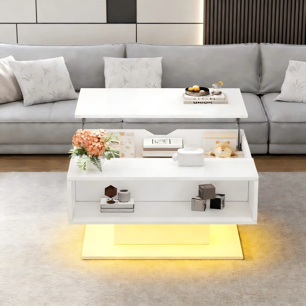 TAVOLO Caffè alzabile 80x75x40 cm Bianco con LED e vano contenitore