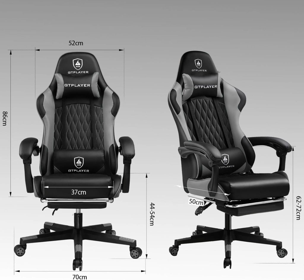 Sedia da gaming, sedia da gamer, sedia da ufficio ergonomica, con lombi e cuscini regolabili con poggiapiedi, sedia da gioco imbottita, portata 150 kg, colore grigio