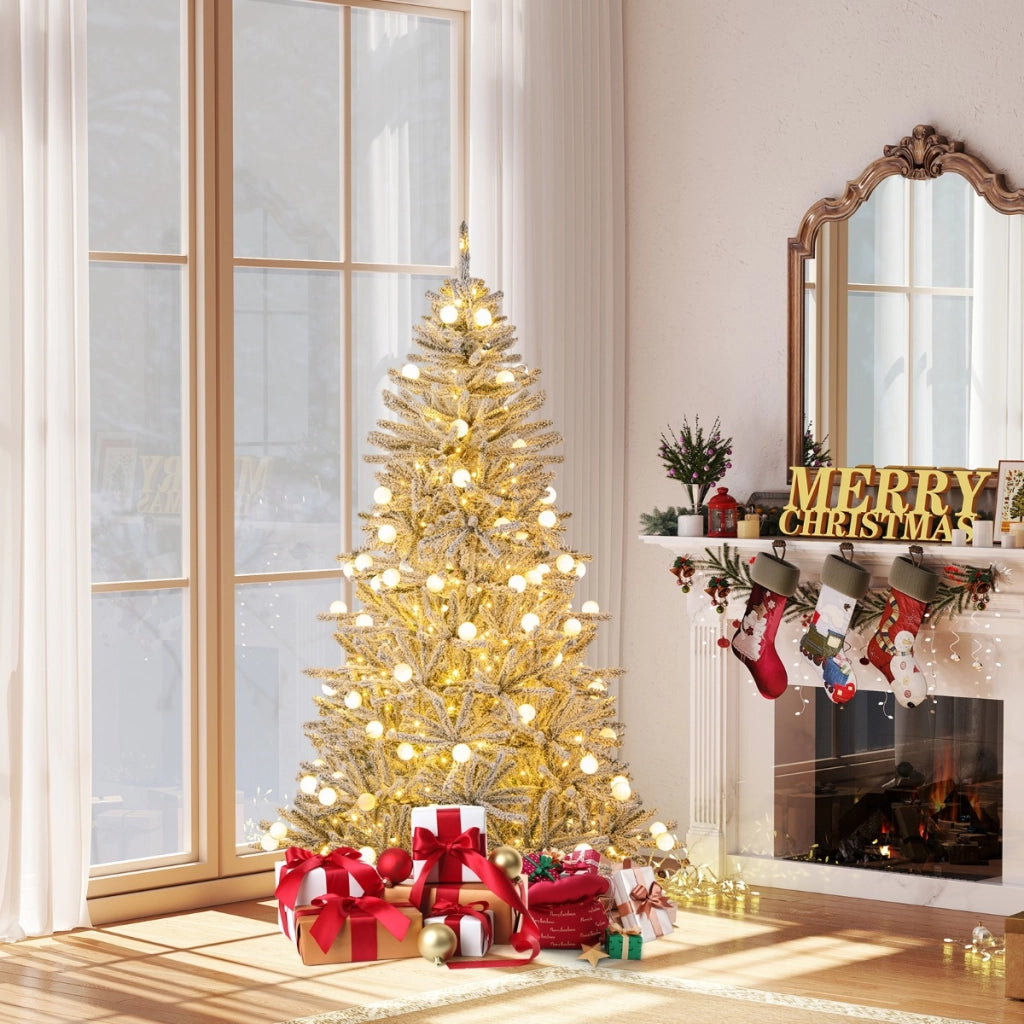 Albero pre-illuminato con 51 sfere luminose 250 luci LED bianche calde, 180 cm albero di natale artificiale innevato Argento-Alberi di Natale