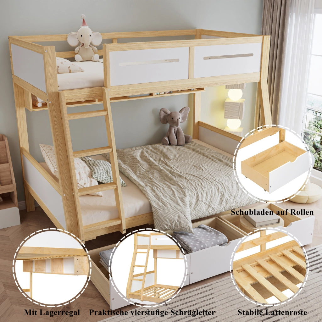 Letto a castello per bambini in pino e MDF; bianco e naturale; con 3 cassetti e libreria; 90x200 e 120x200 cm