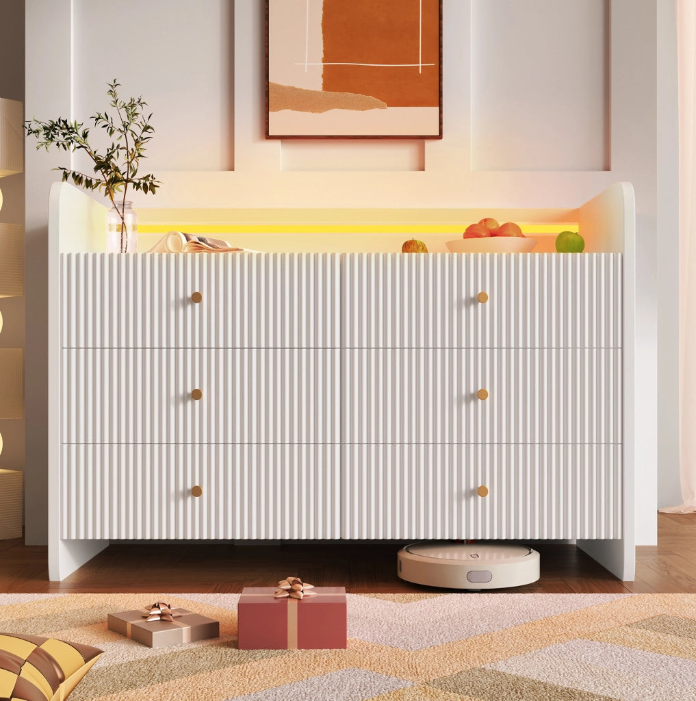 Credenza 120x40x75 cm con LED; 6 cassetti e vano aperto; pannello truciolare bianco