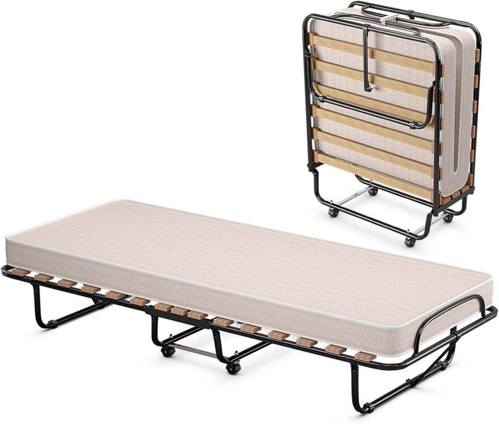 Letto Singolo Pieghevole con 4 Ruote, Portata di 120 kg, Letto Pieghevole con Materasso e 4 Gambe in Mettallo, Fibbia Fissata, 80 x 190 cm, Materasso di 10 cm, Ideale per Viaggio e di Riserva