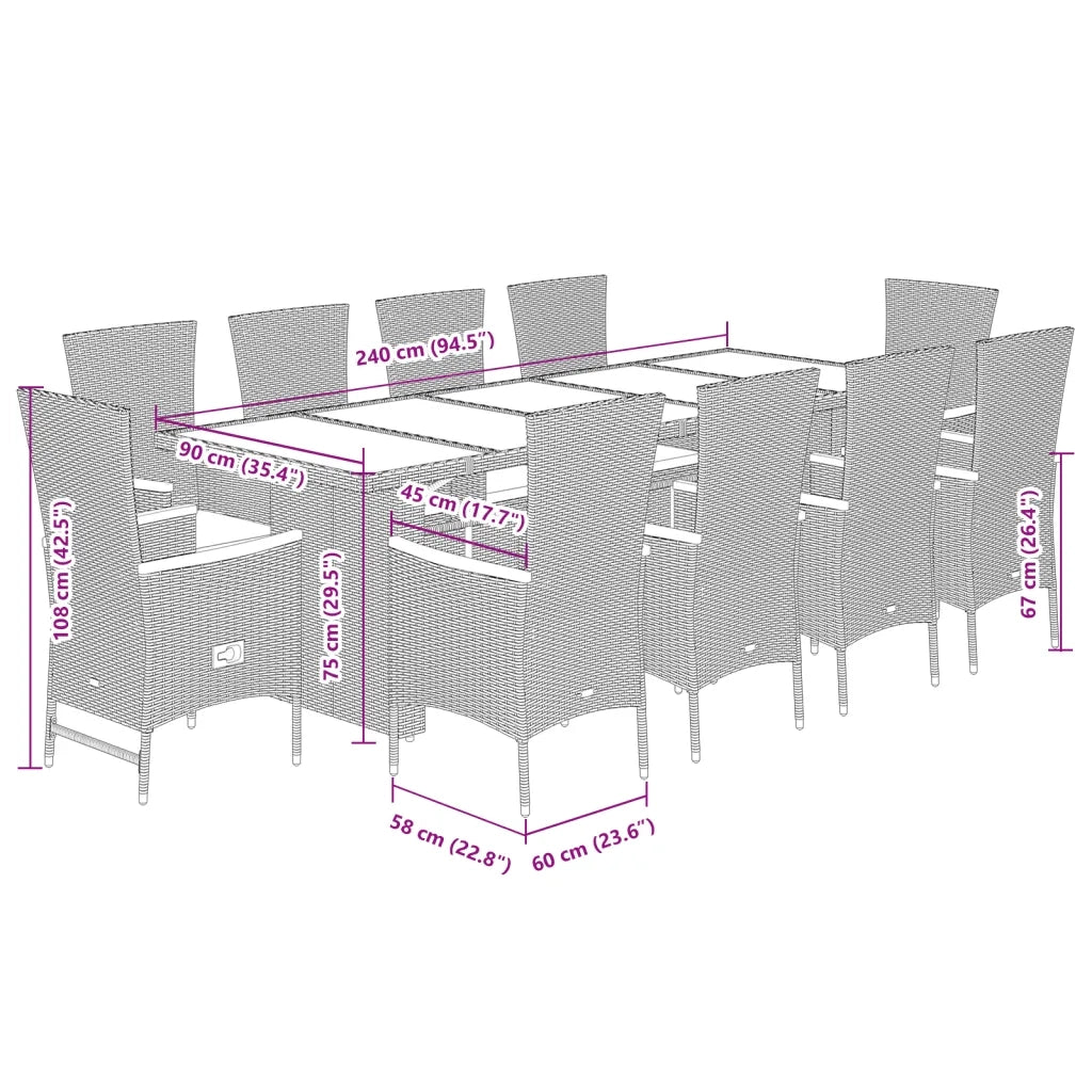 Set da Pranzo da Giardino 11pz con Cuscini in Polyrattan Grigio